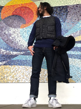 「アイテム（スウェット、ブルー系）」を使った、crementyさん（メンズ・172cm）の春コーディネート