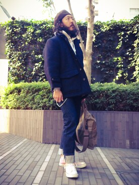 「メルトン」｜「アイテム（ハンチング/ベレー帽）」を使った、crementyさん（メンズ・172cm）の冬コーディネート