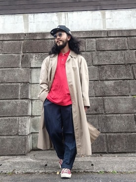 「ラコステ」｜「アイテム（ステンカラーコート）」を使った、crementyさん（メンズ・172cm）の春コーディネート
