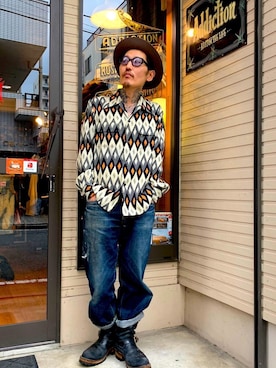 「レーヨンシャツ」｜「アイテム（帽子）」を使った、Addiction StoreRyutaさん（メンズ・165cm）の秋コーディネート