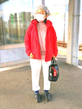 「アイテム（ダウンジャケット/コート、レッド系）」を使った、チャミさん（レディース・151cm）の冬コーディネート