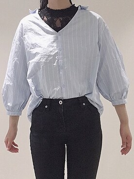 「GU（ジーユー）のアイテム（トップス、ブルー系）」を使った、ぴこさん（レディース・163cm）の春コーディネート