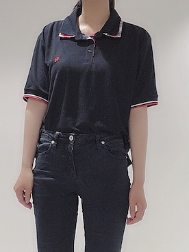 「赤のれんのアイテム（ポロシャツ、ブラック系）」を使った、ぴこさん（レディース・163cm）の夏コーディネート