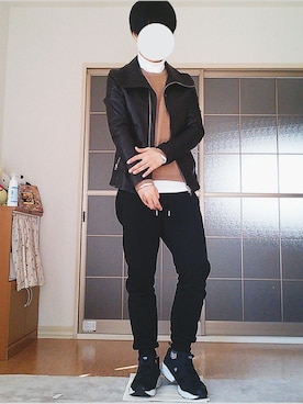 「カシミヤ」｜「アイテム（ライダースジャケット）」を使った、こおすけさん（メンズ・169cm）の冬コーディネート