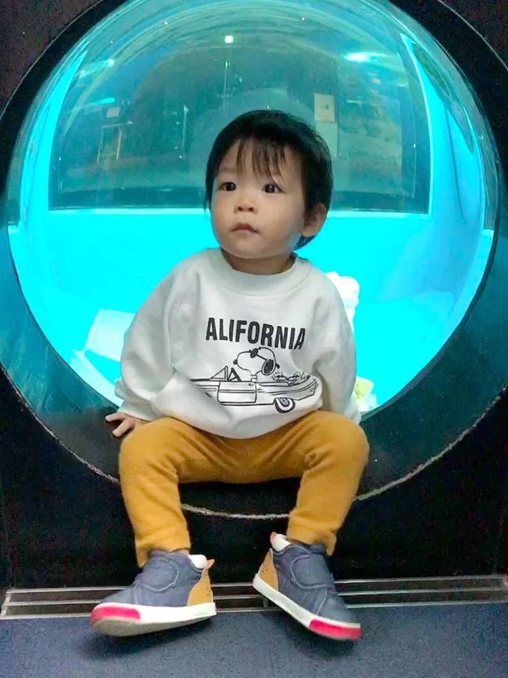 「キッズコーデ、秋コーデ、kids、ベビーコーデ、冬コーデ、トレーナー、スヌーピー、ユニクロ、1歳5ヶ月、男の子」｜「韓国こども服のアイテム（トップス、ホワイト系）」を使った、ｔａｉｓｅｉ𓆉さん（キッズ・90cm）の秋コーディネートの1枚目の写真