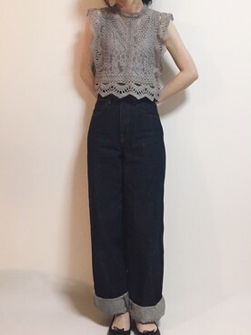 「UNIQLO（ユニクロ）のハイライズワイドストレートジーンズ（デニムパンツ）」を使った、Chocorooさん（レディース・156cm）の春コーディネート