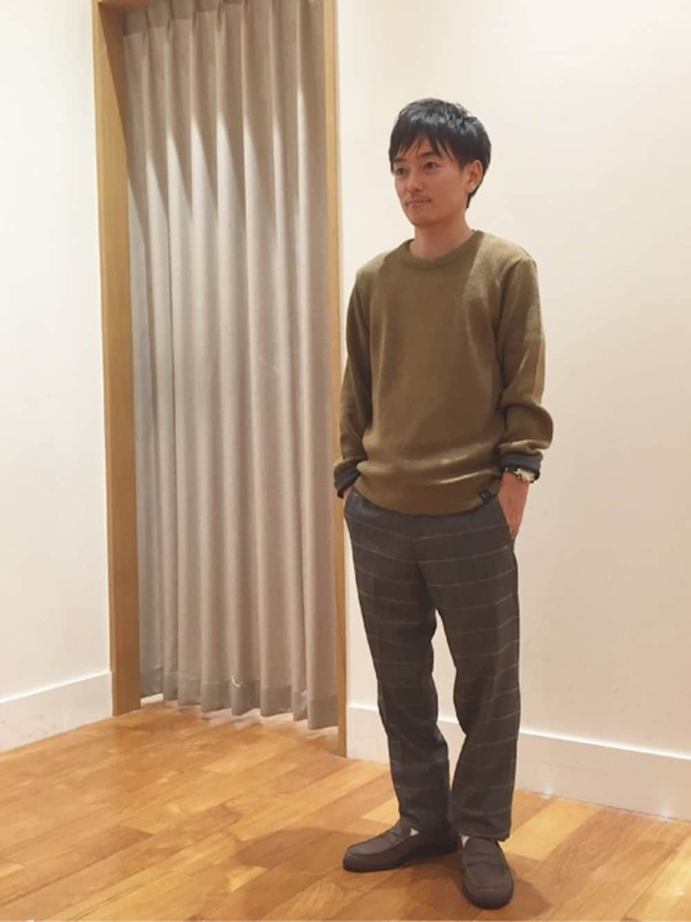 「GLOSTERの畦 クルーネックニットソー ロンT（Tシャツ/カットソー、ベージュ系）」を使った、GLOSTER stylingさん（メンズ・161cm）の秋コーディネートの1枚目の写真