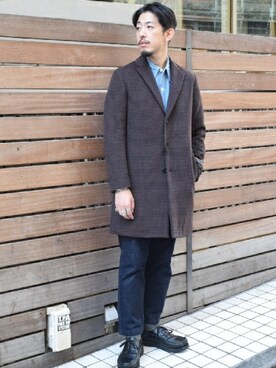 「GLOSTER（グロスター）のアイテム（チェスターコート）」を使った、GLOSTER stylingさん（メンズ・172cm）の冬コーディネート
