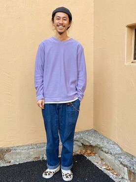 メンズのニット セーター パープル 紫色系 Vネック コーディネート Zozotown