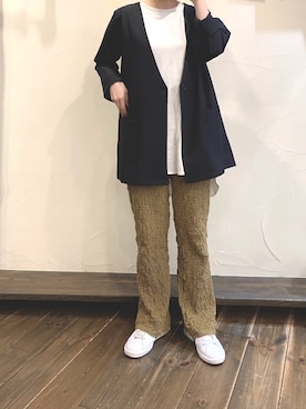 「rps（アールピーエス）のアイテム（ノーカラージャケット）」を使った、rps_moriさん（レディース・154cm）の秋コーディネート