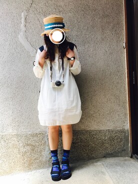 「kaorinomori（カオリノモリ）の【雑誌mer8月号掲載】【カオリノモリ】・ポークパイ（ハット）」を使った、もぴこさん（レディース・160cm）の夏コーディネート