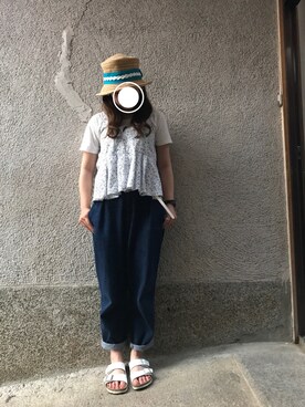 「kaorinomori（カオリノモリ）の【雑誌mer8月号掲載】【カオリノモリ】・ポークパイ（ハット）」を使った、もぴこさん（レディース・160cm）の夏コーディネート