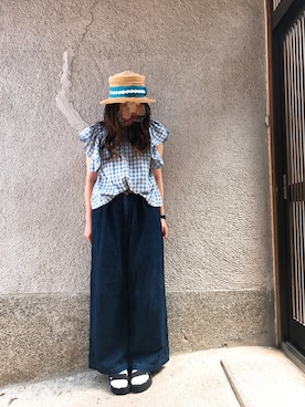 「kaorinomori（カオリノモリ）の【雑誌mer8月号掲載】【カオリノモリ】・ポークパイ（ハット）」を使った、もぴこさん（レディース・160cm）の夏コーディネート
