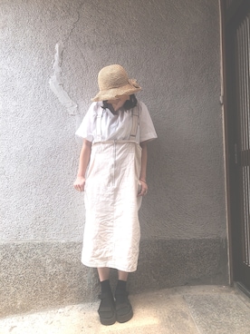 「麦わら帽子」｜「アイテム（ジャンパースカート）」を使った、もぴこさん（レディース・160cm）の夏コーディネート