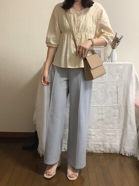 「ehka sopo（エヘカソポ）のVネックシャーリングブラウス（シャツ/ブラウス、ホワイト系）」を使った、fujikoさん（レディース・162cm）の夏コーディネート