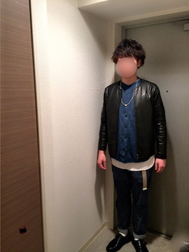 「ノーカラーシャツ」｜「アイテム（ライダースジャケット）」を使った、おーしゃんさん（メンズ・169cm）の春コーディネート