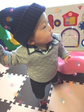 「スキップランド（スキップランド）のアイテム（シャツ/ブラウス、ブルー系）」を使った、achapiさん（キッズ）の冬コーディネート