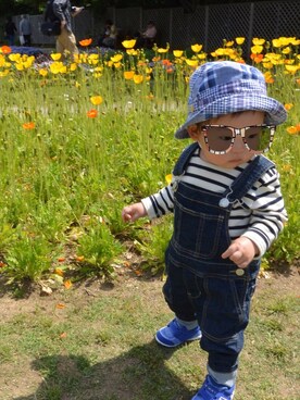 「西松屋（ニシマツヤ）のアイテム（帽子、ブルー系）」を使った、achapiさん（キッズ）の夏コーディネート