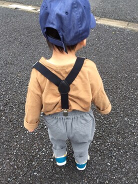 「西松屋（ニシマツヤ）のアイテム（キャップ、ブルー系）」を使った、achapiさん（キッズ）の秋コーディネート