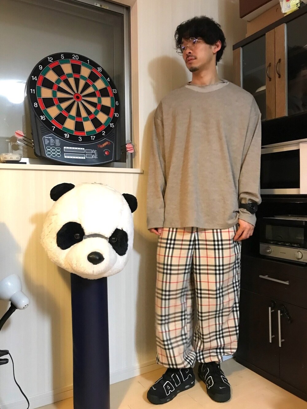 「カジュアル、ラフ、いいね、save、フォローお願いします🤑、モアテン、チェックパンツ、丸メガネ、ゆるコーデ、WEGO」｜「WEGOのWEGO/メタルラウンドタイプ（メガネ、シルバー系）」を使った、PANDAさん（メンズ・177cm）の夏コーディネートの1枚目の写真