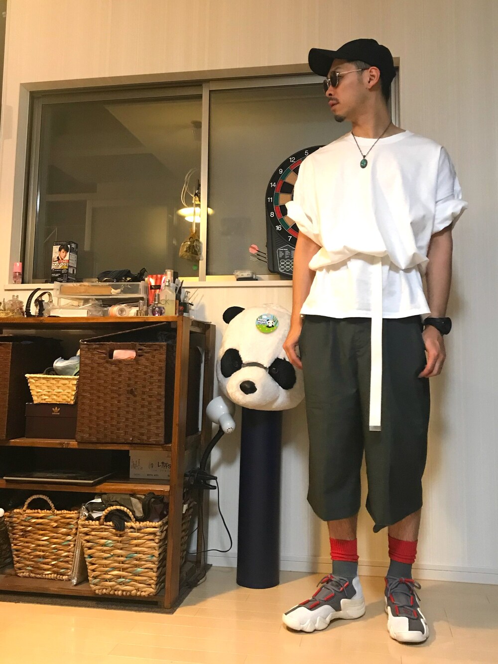 「夏、シンプル、ビッグシルエット、ハーフパンツ、スポーツミックス、個性派、WEGO、プチプラ、いいね、save、フォローお願いします🤑」｜「URBAN RESEARCHのUR スエットキャップ（キャップ、ブラック系）」を使った、PANDAさん（メンズ・177cm）の夏コーディネートの1枚目の写真