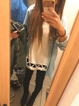 「Vネック」｜「アイテム（MA-1）」を使った、nonsugar さん（レディース・157cm）の春コーディネート