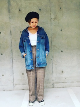 「グレンチェック」｜「アイテム（ハンチング/ベレー帽）」を使った、真依子さん（レディース・152cm）の秋コーディネート
