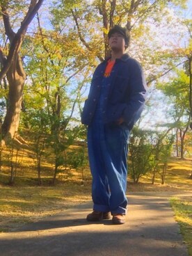 「Wrangler」｜「アイテム（オールインワン・サロペット）」を使った、進也⊿さん（メンズ・172cm）の秋コーディネート