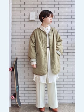 「アイテム（ノーカラージャケット、グリーン系）」を使った、WEAR 中国さん（レディース・155cm）の冬コーディネート