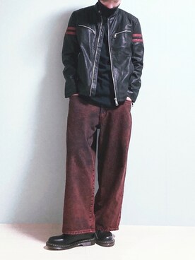 「EDWIN」｜「アイテム（ライダースジャケット）」を使った、ちょびさん（メンズ・184cm）の秋コーディネート
