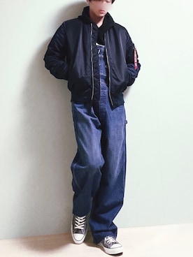 「LEE」｜「アイテム（MA-1）」を使った、ちょびさん（メンズ・184cm）の冬コーディネート