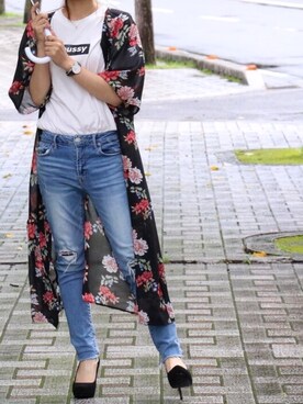 「MOUSSY（マウジー）のアイテム（デニムパンツ、ブルー系）」を使った、Rmamaさん（レディース・157cm）の夏コーディネート