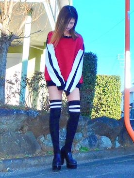 「ニーハイソックス」｜「アイテム（その他）」を使った、もえぴーさん（レディース・156cm）の春コーディネート