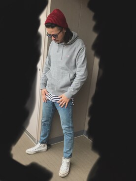 「CIAOPANIC TYPY（チャオパニックティピー）のアイテム（ニットキャップ/ビーニー）」を使った、チリ男さん（メンズ・170cm）の冬コーディネート