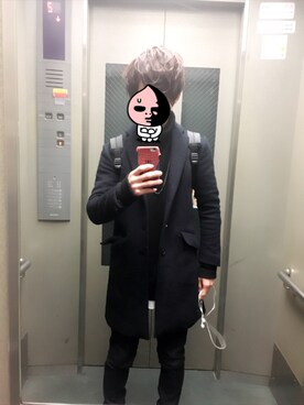 「STUDIOUS（ステュディオス）のSTUDIOUS VISCOSE チェスターコート（チェスターコート、ブラック系）」を使った、しゅんさん（メンズ・170cm）の冬コーディネート