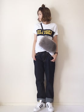 「HILFIGER DENIM（ヒルフィガーデニム）のアイテム（Tシャツ/カットソー）」を使った、まるちわさん（レディース・160cm）の夏コーディネート