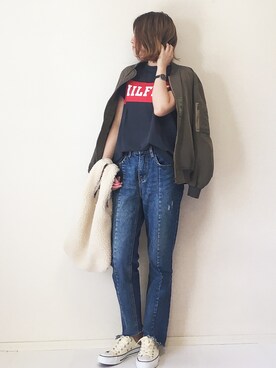 「肩掛け」｜「アイテム（ブルゾン）」を使った、まるちわさん（レディース・160cm）の秋コーディネート