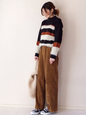 「FREAK'S STORE（フリークスストア）のカット コーデュロイ ワイド パンツ2（その他パンツ）」を使った、まるちわさん（レディース・160cm）の秋コーディネート