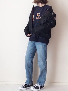「DHOLIC（ディーホリック）のアイテム（MA-1）」を使った、まるちわさん（レディース・160cm）の冬コーディネート