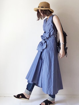 「アイテム（シャツワンピース、ブルー系）」を使った、まるちわさん（レディース・160cm）の春コーディネート