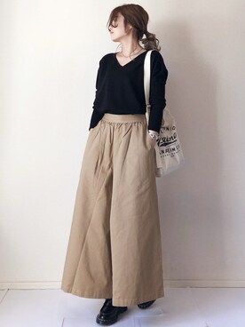 「Chaco closet（チャコ クローゼット）のリラクシングAラインフレアワイドパンツ（その他パンツ）」を使った、まるちわさん（レディース・160cm）の春コーディネート