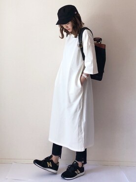 「Chaco closet（チャコ クローゼット）のバルーンスリーブ7分袖ポケット付きミニ裏毛Aラインスウェットワンピース（ワンピース）」を使った、まるちわさん（レディース・160cm）の春コーディネート