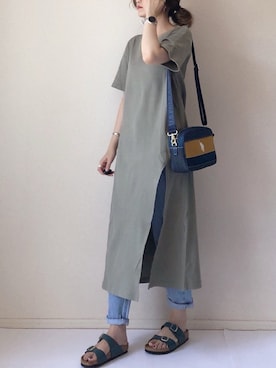 「LIPSTAR（リップスター）のバックベルトワッフルスリット半袖ワンピース（ワンピース）」を使った、まるちわさん（レディース・160cm）の夏コーディネート