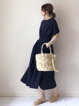 「DHOLIC（ディーホリック）のウエストマーク半袖スウェットワンピース（ワンピース）」を使った、まるちわさん（レディース・160cm）の夏コーディネート