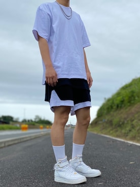 「PRO CLUB （プロクラブ）のPROCLUB / ビッグシルエット ヘビーウェイトTシャツ　オーバーサイズシルエット（Tシャツ/カットソー、ホワイト系）」を使った、なかじまけんたさん（メンズ・176cm）の夏コーディネート