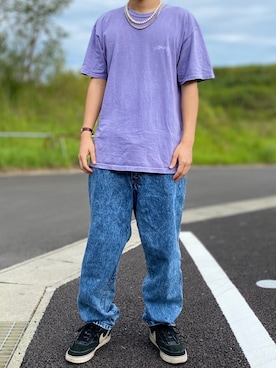 「STUSSY（ステューシー）のアイテム（Tシャツ/カットソー、パープル系）」を使った、なかじまけんたさん（メンズ・176cm）の秋コーディネート