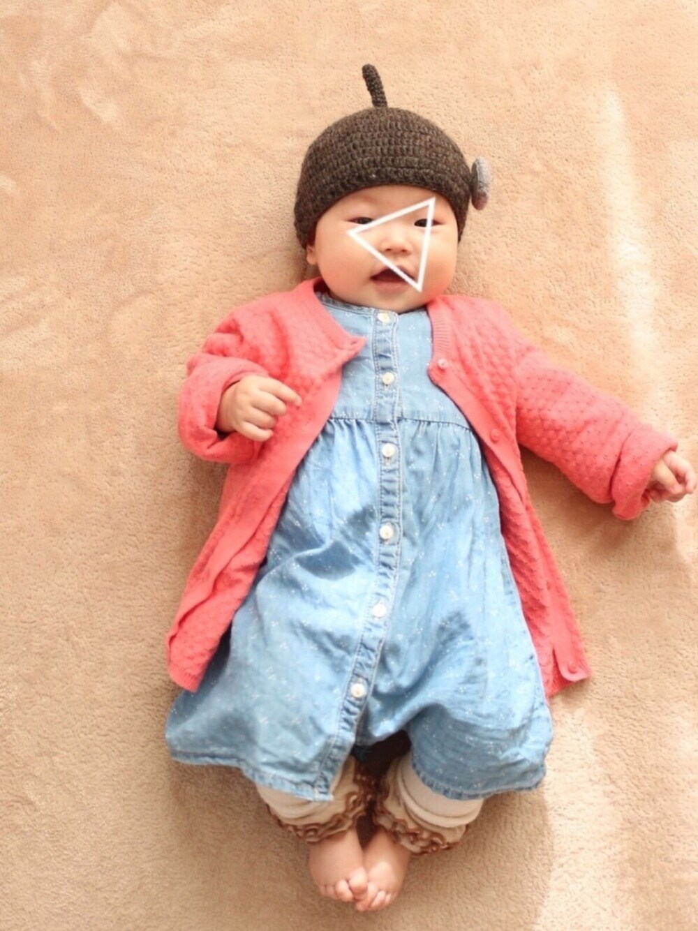 「春コーデ、シャツワンピ、ピンク、プチプラ、おんなのこ、handmade」｜「H&Mのアイテム（カーディガン/ボレロ、ピンク系）」を使った、ayumiyuさん（キッズ・70cm）の冬コーディネートの1枚目の写真
