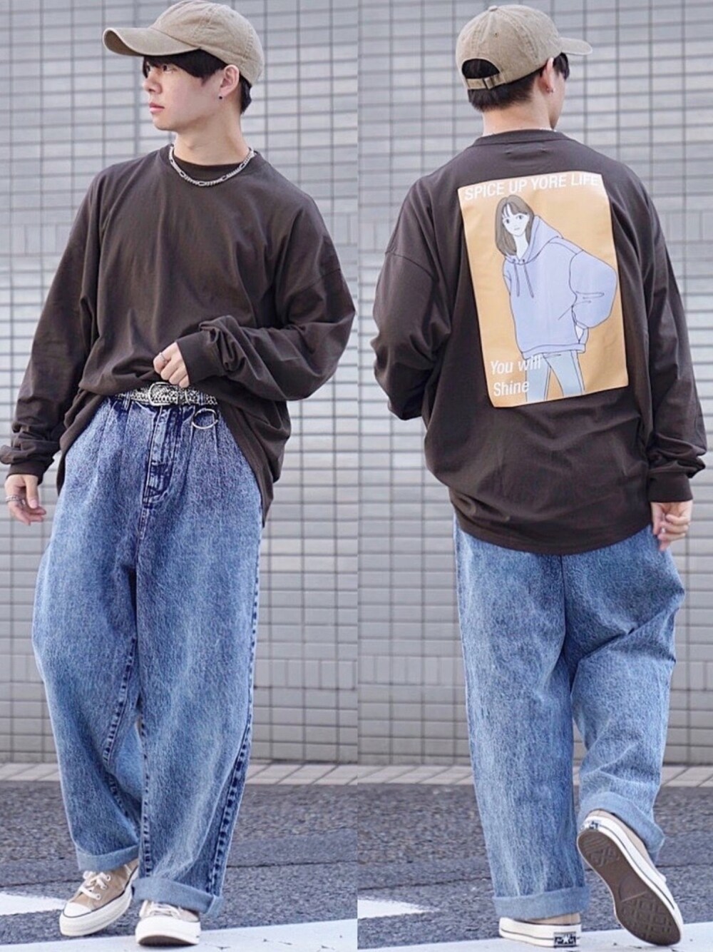 「秋のマイ旬スタイル、ロンT、プリントT、バックプリント、キャップ、ワイドデニム、ケミカルウォッシュ、デニム、低身長、低身長コーデ」｜「BASQUE magentaのビッグシルエット 天竺 イラストプリント L/S TEE / You will Shine/ANOTHER VISION/GOAT GIRL（Tシャツ/カットソー、ブラウン系）」を使った、ゆーすけさん（メンズ・165cm）の秋コーディネートの1枚目の写真