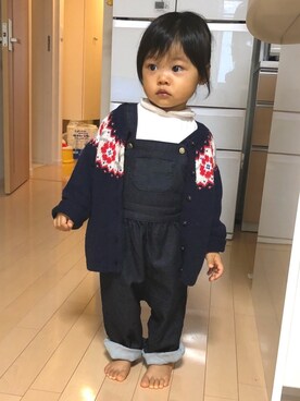 「PETIT BATEAU（プチバトー）のアイテム（サロペット/オーバーオール）」を使った、yさん（キッズ・80cm）の秋コーディネート
