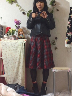 「タイツ×靴下」｜「アイテム（ライダースジャケット）」を使った、つうさん（レディース・159cm）の秋コーディネート